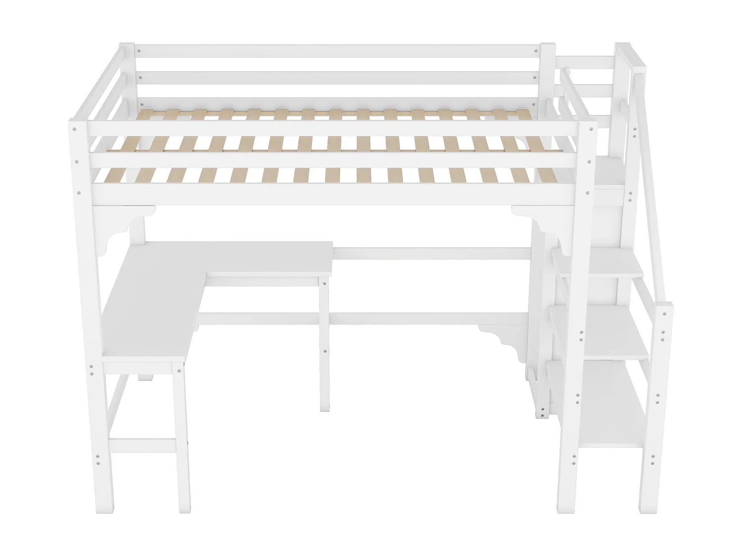 Lit mezzanine 140 x 200 cm avec bureau d'angle et armoire - bois de pin - sommier à lattes - blanc