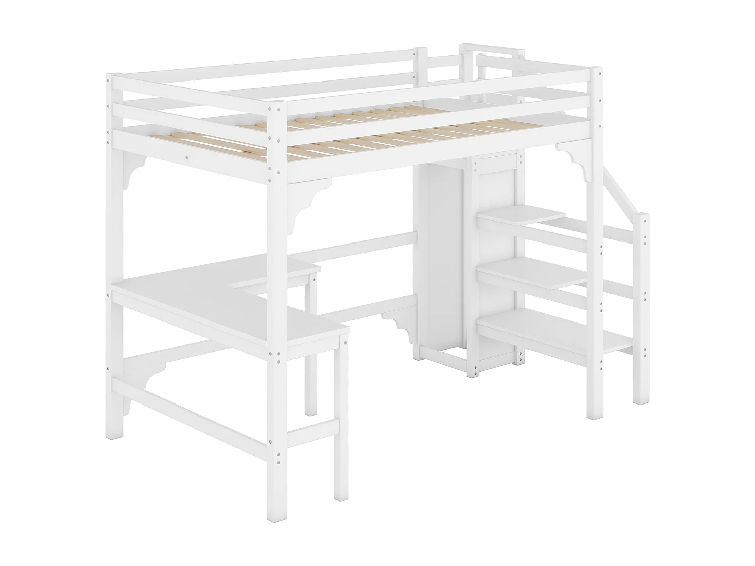 Lit mezzanine 140 x 200 cm avec bureau d'angle et armoire - bois de pin - sommier à lattes - blanc