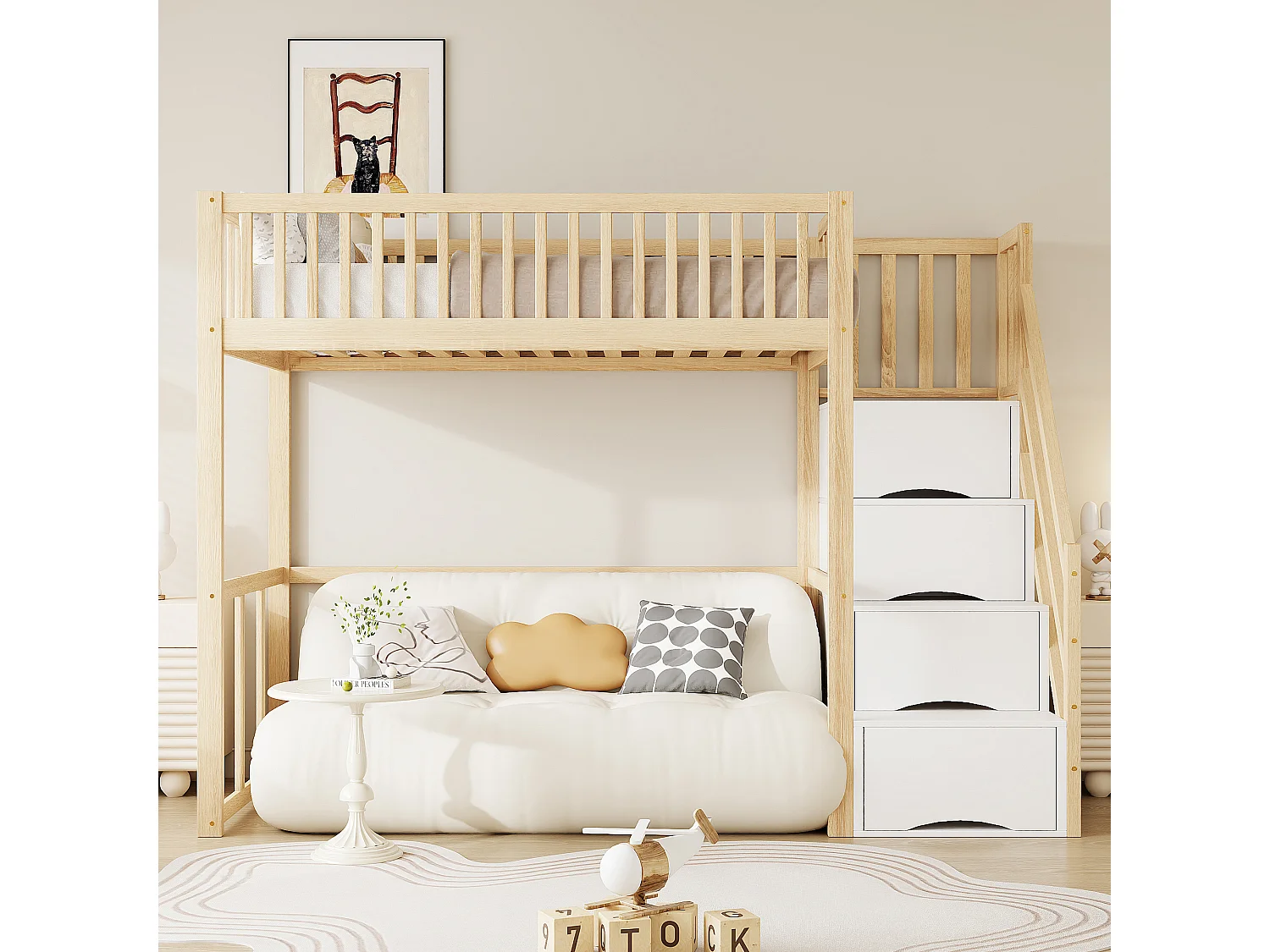 Lit mezzanine 90 x 200 cm avec 4 tiroirs - bois de pin massif - sommier à lattes - naturel (sans matelas)