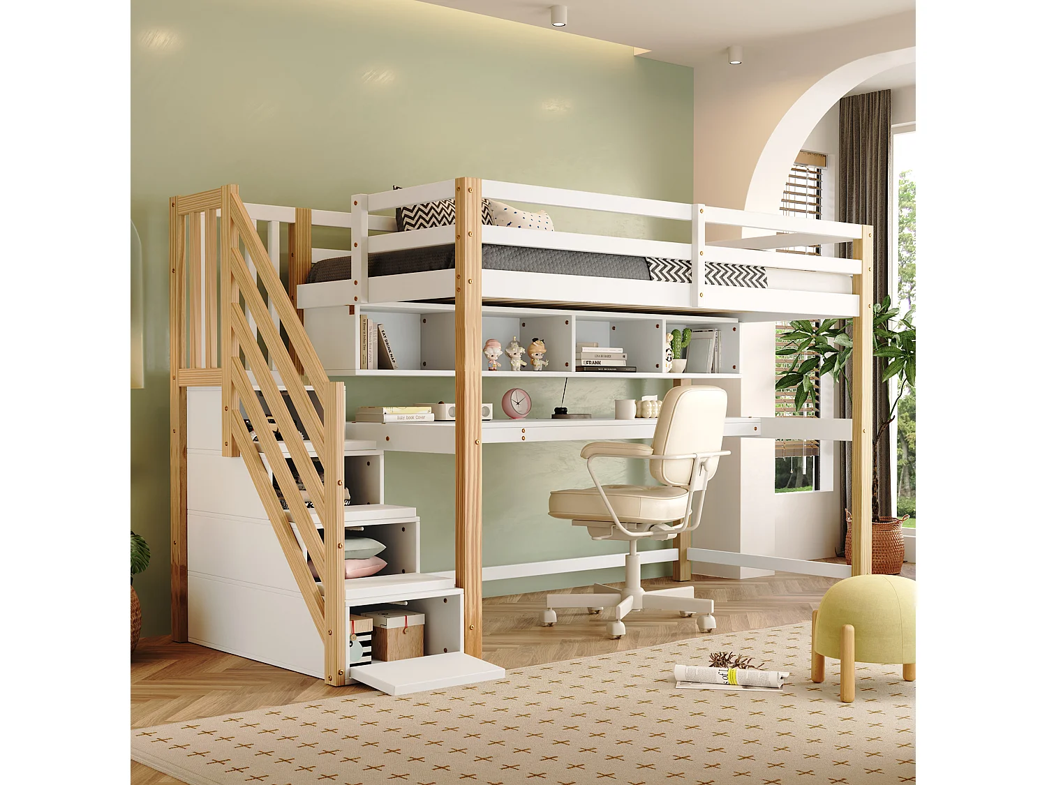 Letto a soppalco 90 x 200 cm con scrivania, ripiani e 4 cassetti - legno di pino - colori: naturale e bianco