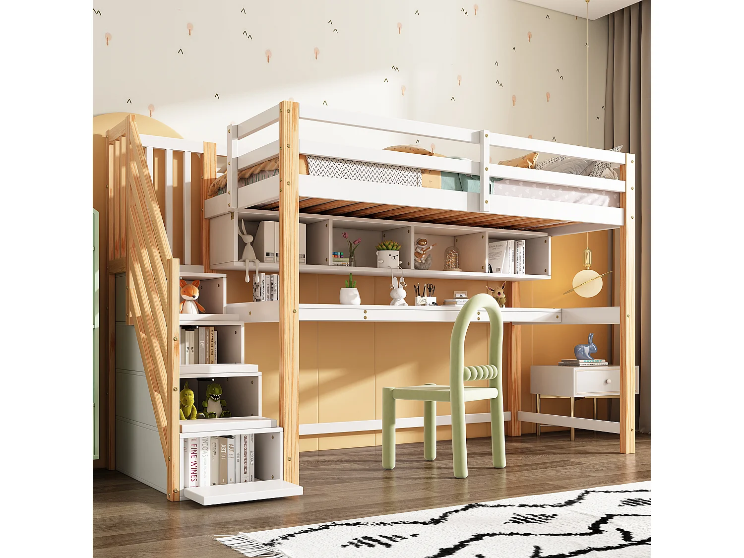 Letto a soppalco 90 x 200 cm con scrivania, ripiani e 4 cassetti - legno di pino - colori: naturale e bianco