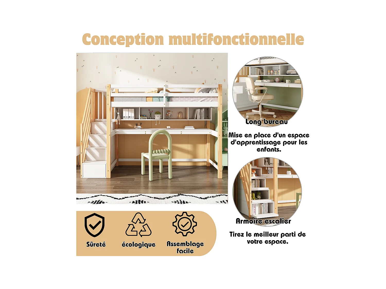 Letto a soppalco 90 x 200 cm con scrivania, ripiani e 4 cassetti - legno di pino - colori: naturale e bianco