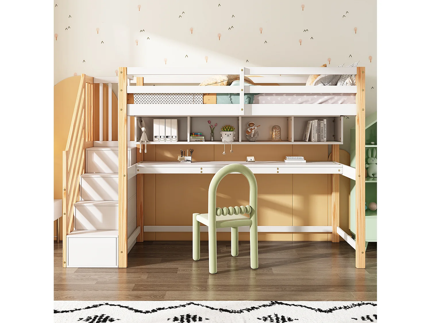 Letto a soppalco 90 x 200 cm con scrivania, ripiani e 4 cassetti - legno di pino - colori: naturale e bianco