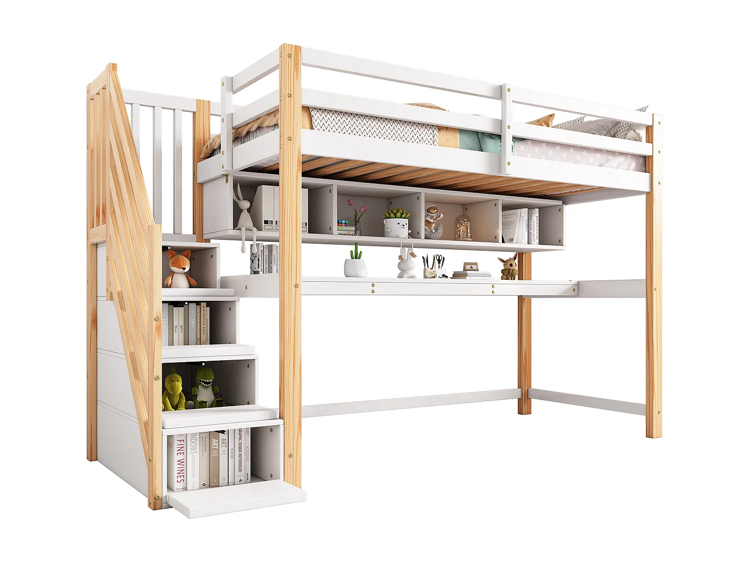 Letto a soppalco 90 x 200 cm con scrivania, ripiani e 4 cassetti - legno di pino - colori: naturale e bianco