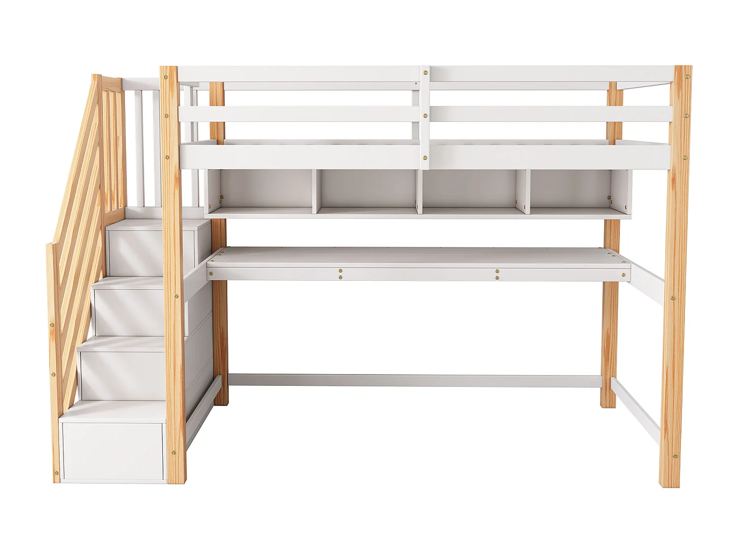 Letto a soppalco 90 x 200 cm con scrivania, ripiani e 4 cassetti - legno di pino - colori: naturale e bianco