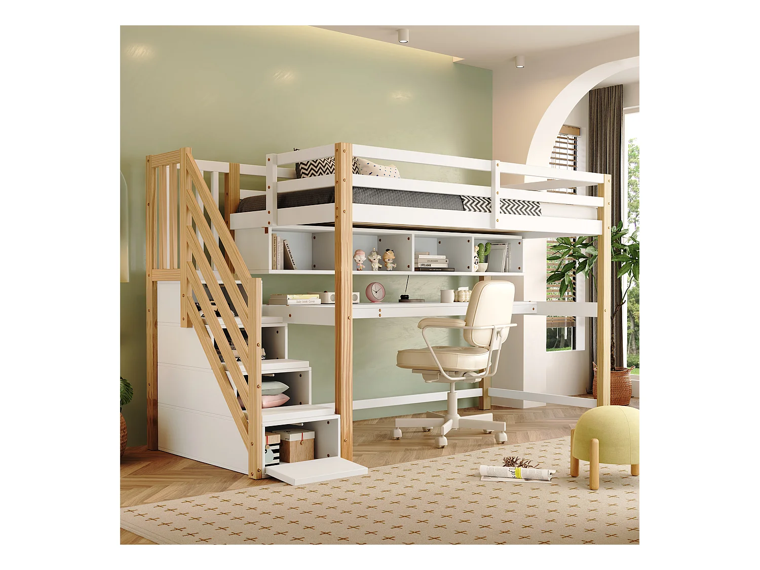 Mezzaninebed 90 x 200 cm met bureau, planken en 4 lades - grenenhout - kleuren: naturel en wit