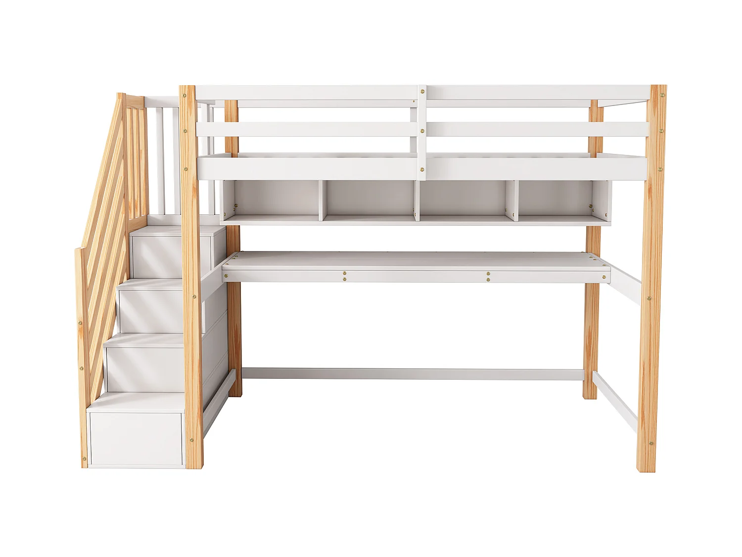 Mezzaninebed 90 x 200 cm met bureau, planken en 4 lades - grenenhout - kleuren: naturel en wit