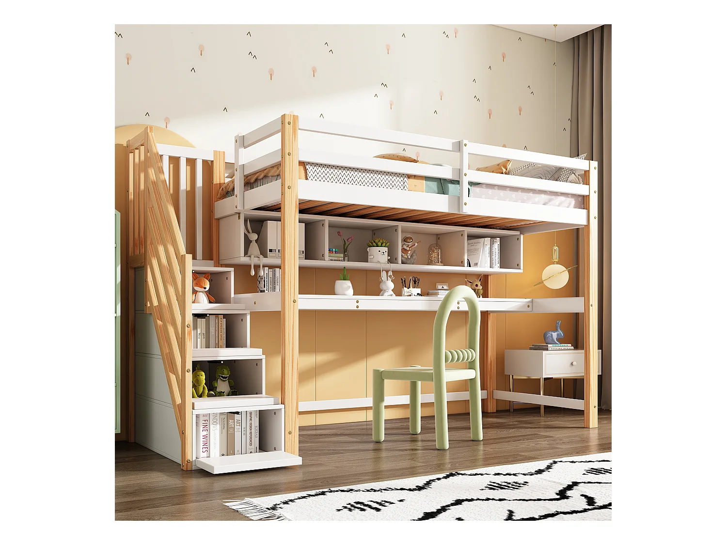 Mezzaninebed 90 x 200 cm met bureau, planken en 4 lades - grenenhout - kleuren: naturel en wit