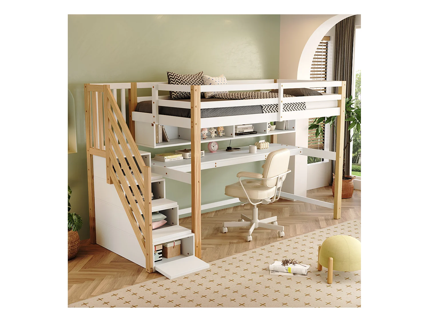 Mezzaninebed 90 x 200 cm met bureau, planken en 4 lades - grenenhout - kleuren: naturel en wit