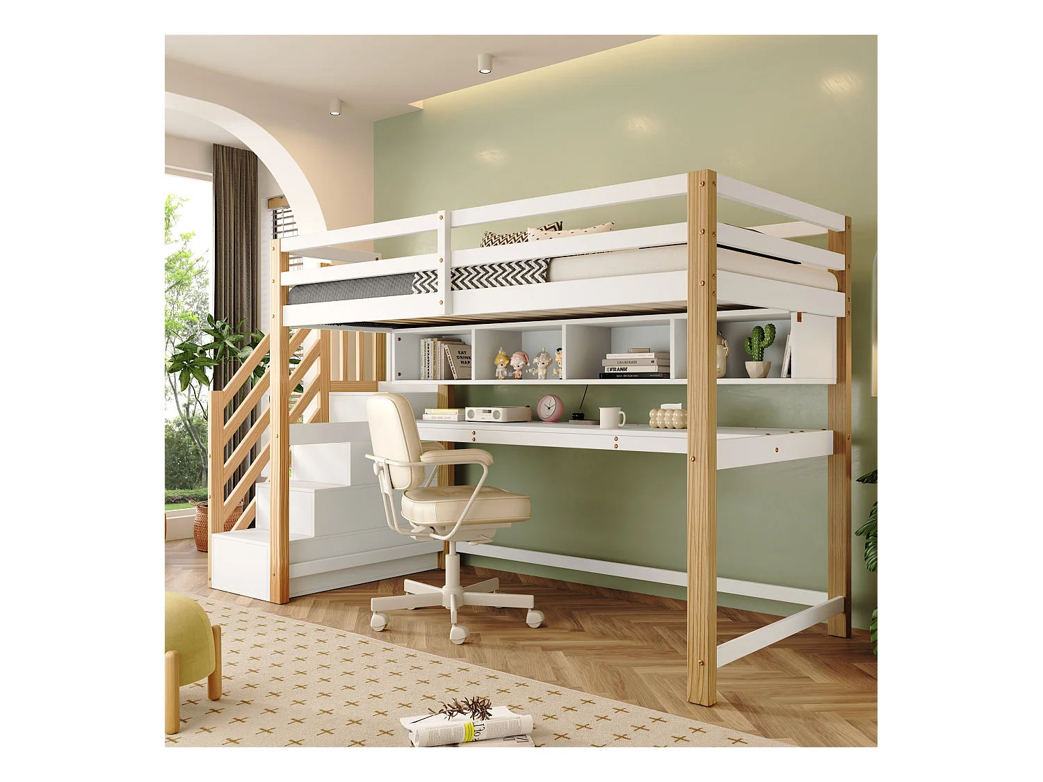 Mezzaninebed 90 x 200 cm met bureau, planken en 4 lades - grenenhout - kleuren: naturel en wit