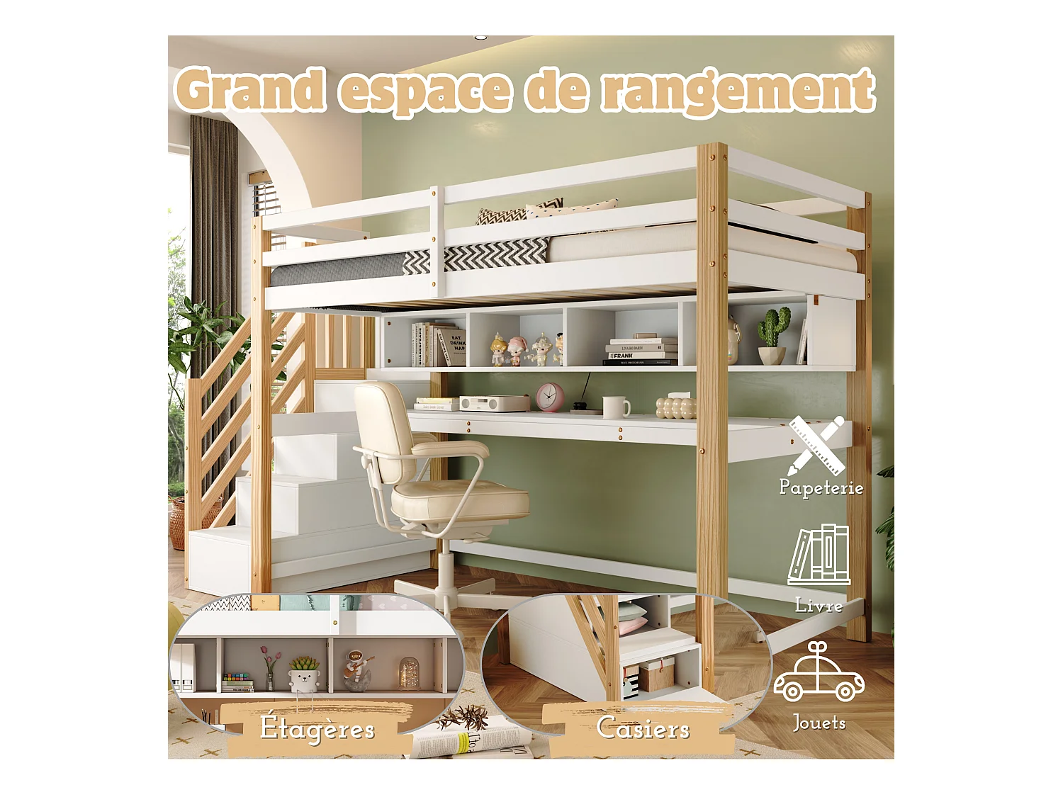 Mezzaninebed 90 x 200 cm met bureau, planken en 4 lades - grenenhout - kleuren: naturel en wit
