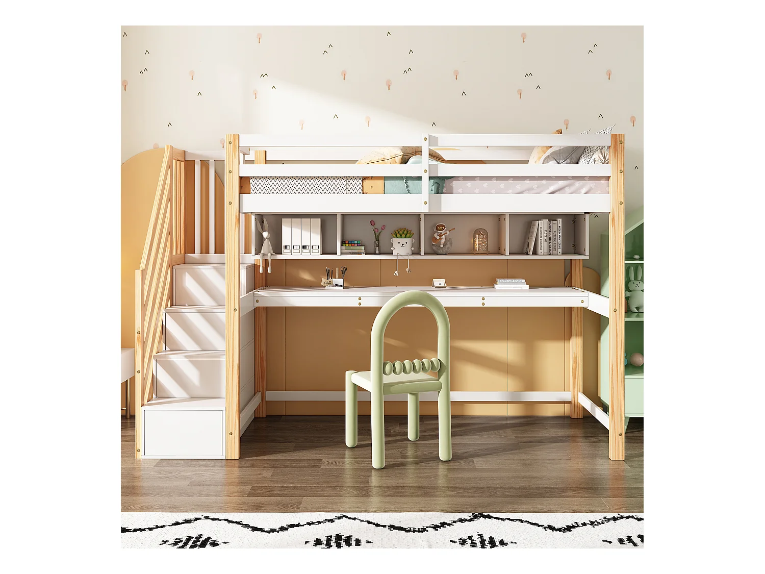 Mezzaninebed 90 x 200 cm met bureau, planken en 4 lades - grenenhout - kleuren: naturel en wit