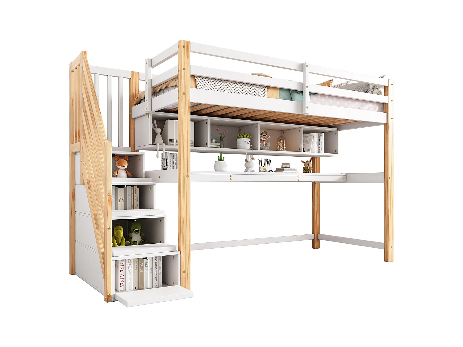 Mezzaninebed 90 x 200 cm met bureau, planken en 4 lades - grenenhout - kleuren: naturel en wit