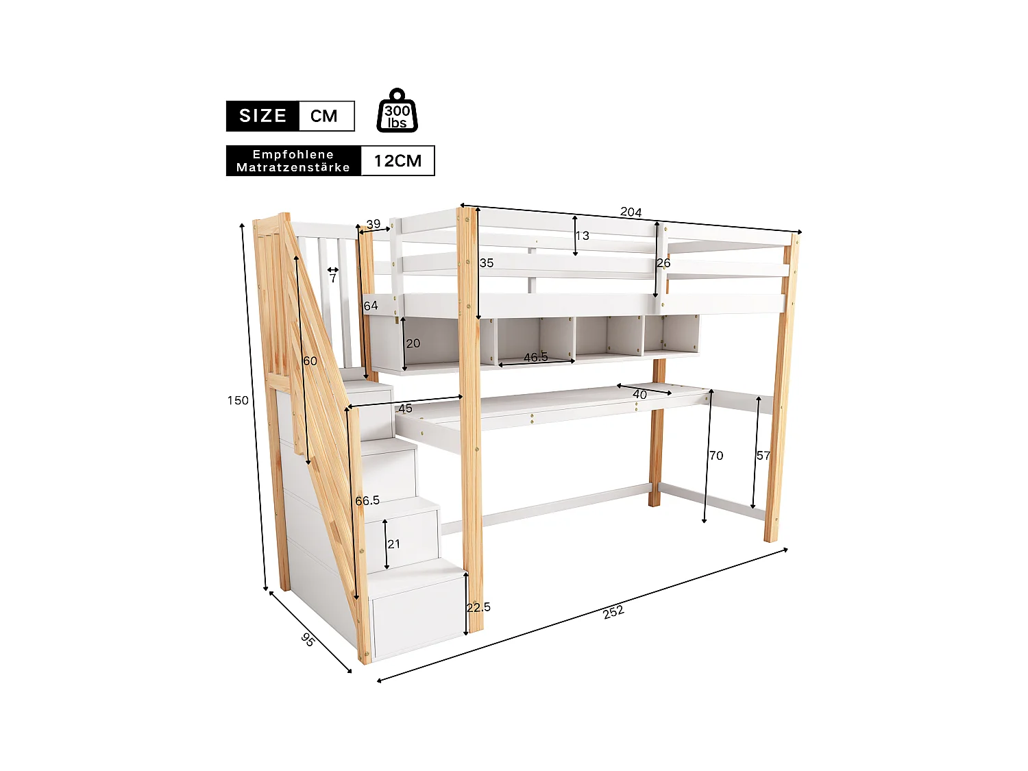 Mezzaninebed 90 x 200 cm met bureau, planken en 4 lades - grenenhout - kleuren: naturel en wit