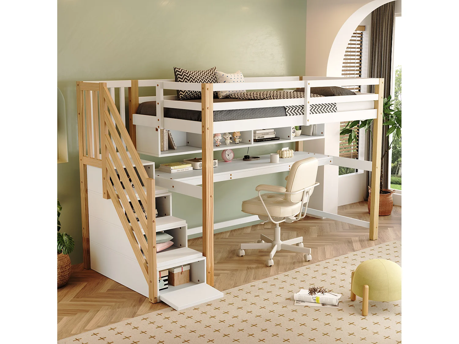 Letto a soppalco 90 x 200 cm con scrivania, ripiani e 4 cassetti - legno di pino - colori: naturale e bianco