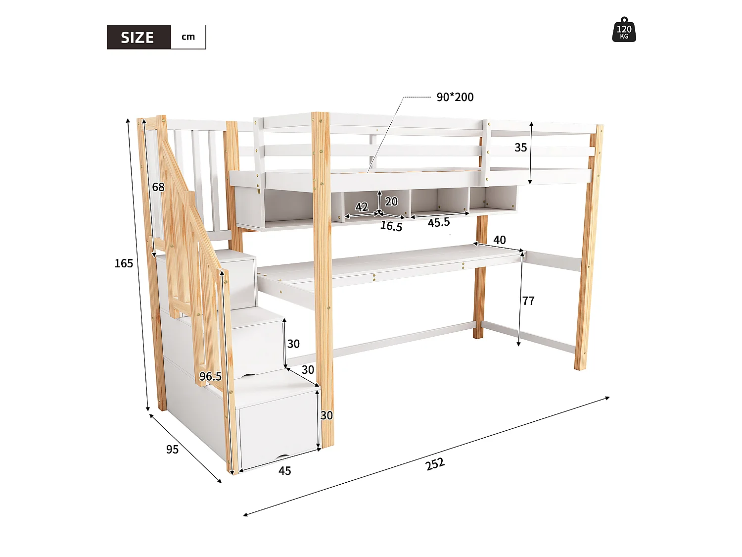 Loftsäng (90 x 200 cm) med skrivbord, hyllor och 4 lådor – furu – färger: natur och vit