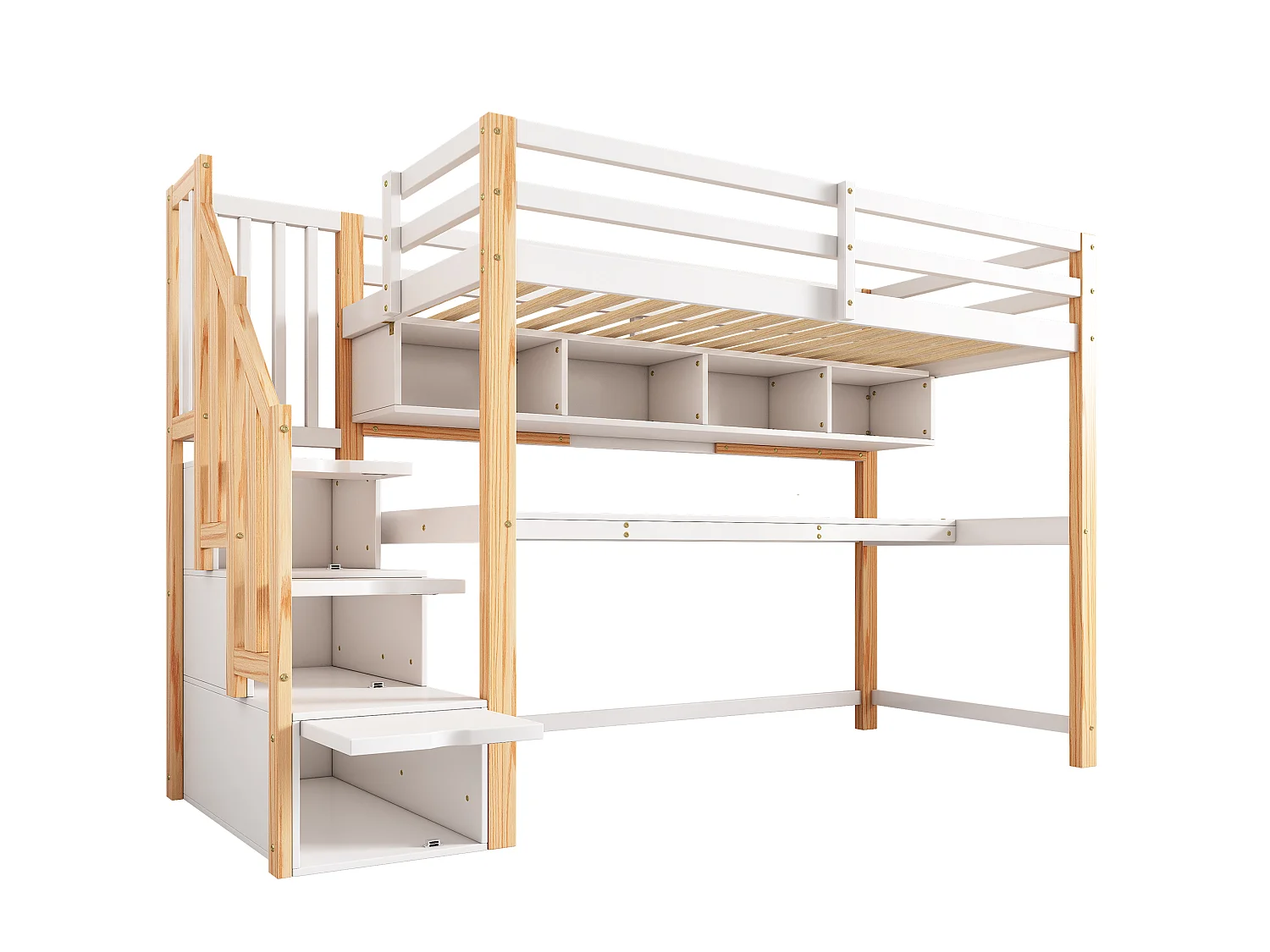 Loftsäng (90 x 200 cm) med skrivbord, hyllor och 4 lådor – furu – färger: natur och vit