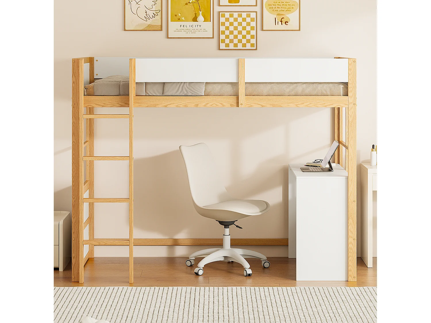 Lit mezzanine 90 x 200 cm avec avec bureau & échelle - bois MDF - blanc + naturel (sans matelas)