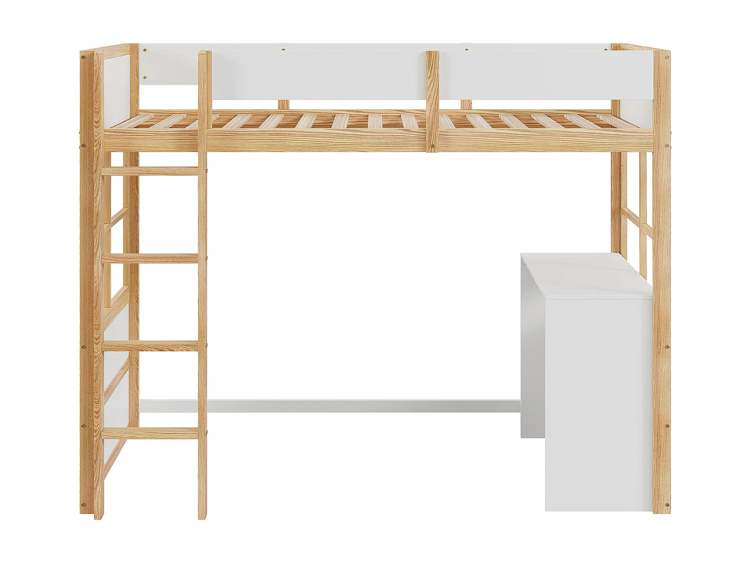 Lit mezzanine 90 x 200 cm avec avec bureau & échelle - bois MDF - blanc + naturel (sans matelas)