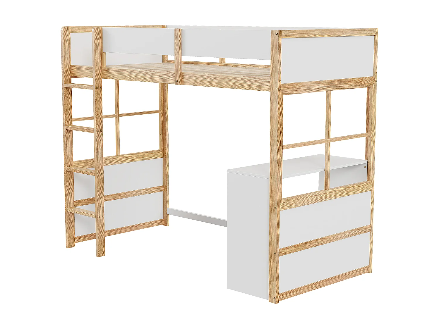 Lit mezzanine 90 x 200 cm avec avec bureau & échelle - bois MDF - blanc + naturel (sans matelas)