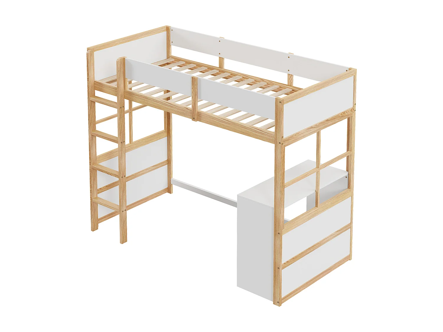 Lit mezzanine 90 x 200 cm avec avec bureau & échelle - bois MDF - blanc + naturel (sans matelas)
