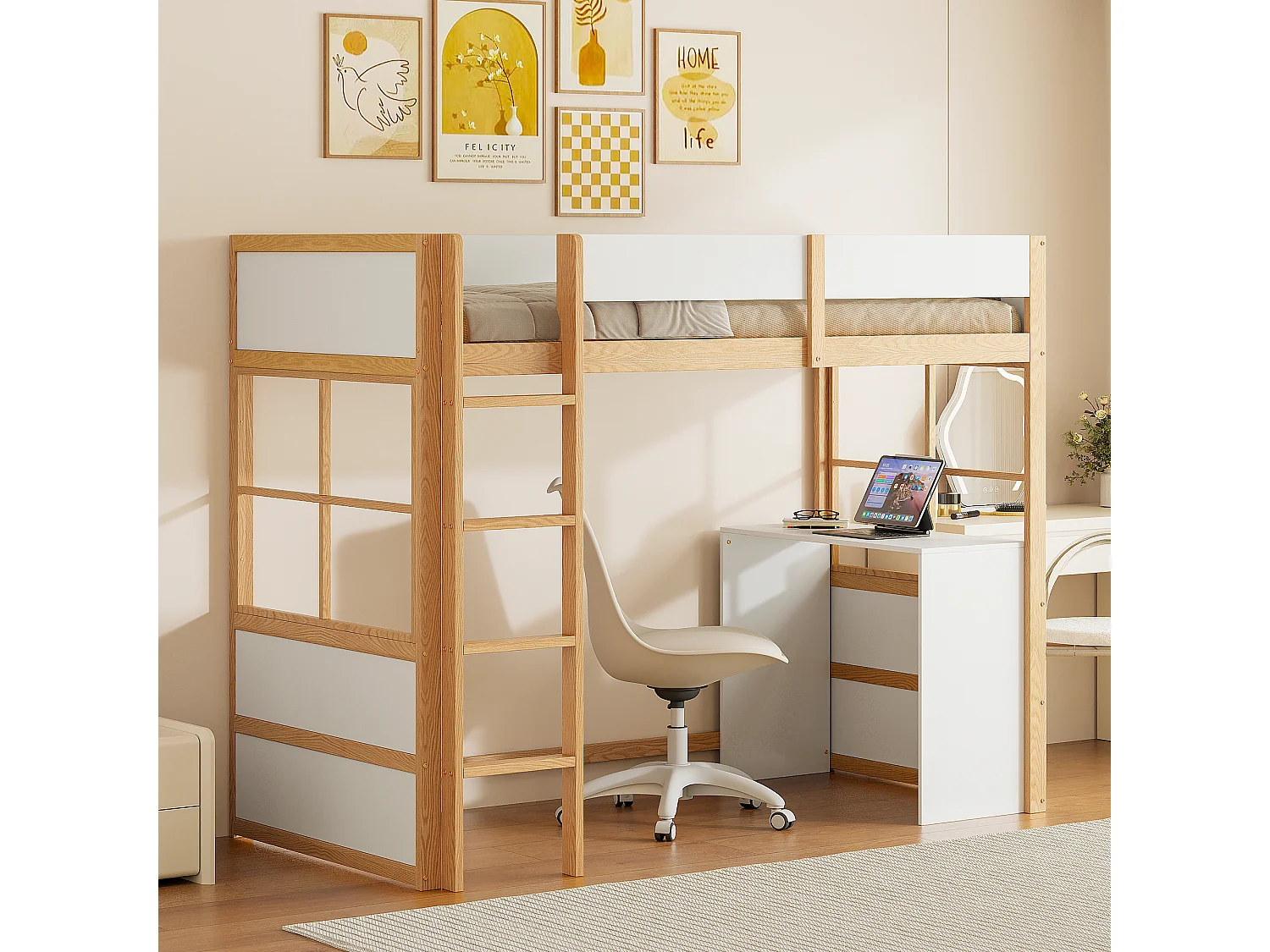 Lit mezzanine 90 x 200 cm avec avec bureau & échelle - bois MDF - blanc + naturel (sans matelas)