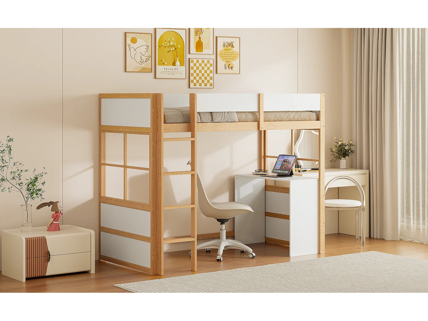 Lit mezzanine 90 x 200 cm avec avec bureau & échelle - bois MDF - blanc + naturel (sans matelas)