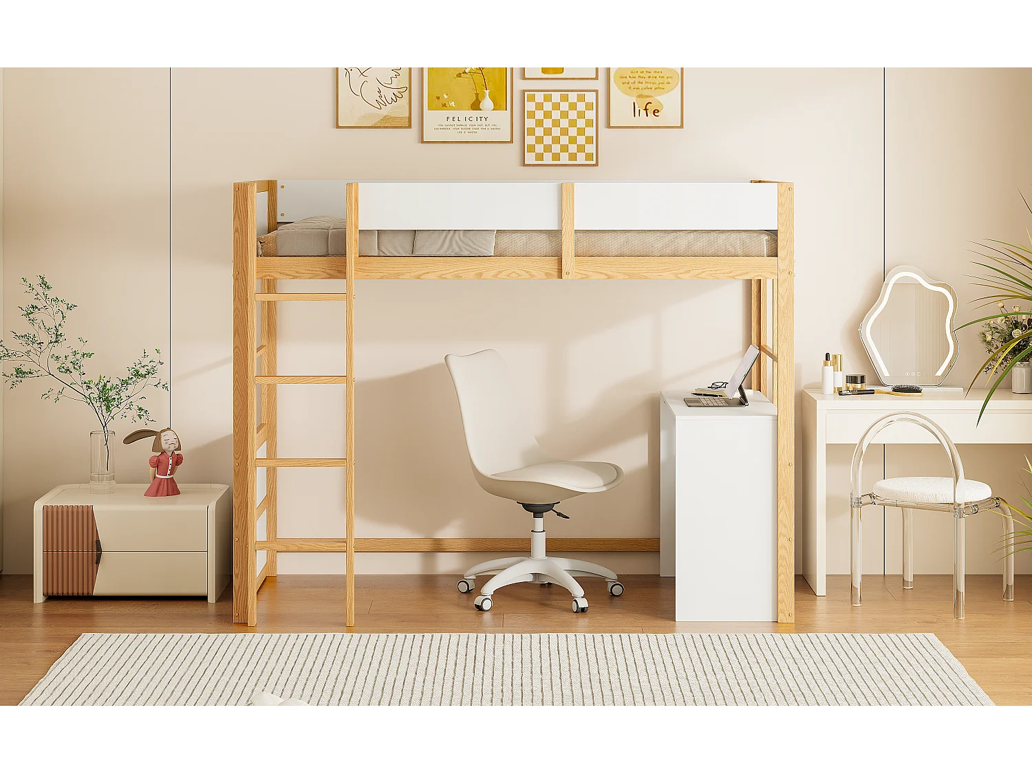 Lit mezzanine 90 x 200 cm avec avec bureau & échelle - bois MDF - blanc + naturel (sans matelas)