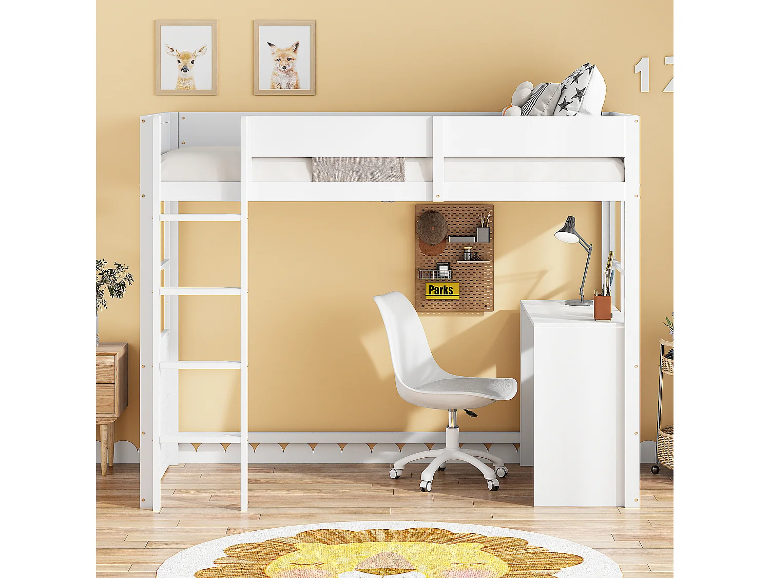 Lit mezzanine 90 x 200 cm avec avec bureau & échelle - bois MDF - blanc (sans matelas)