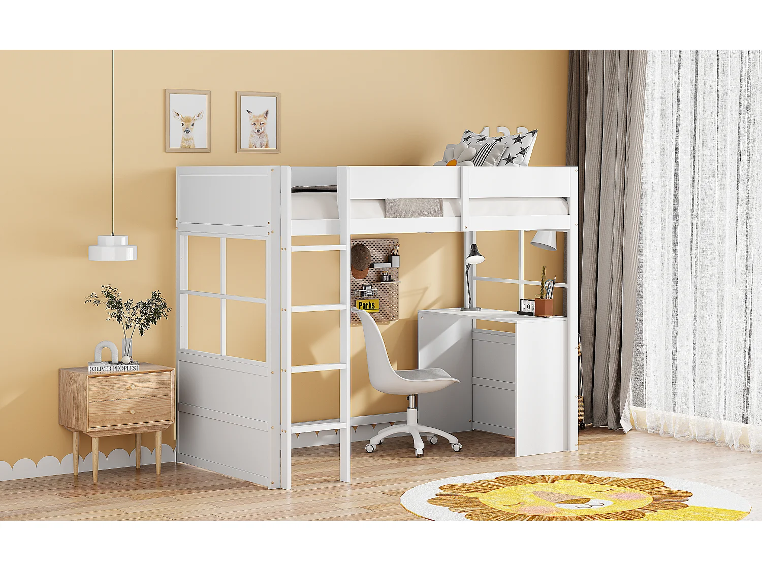 Lit mezzanine 90 x 200 cm avec avec bureau & échelle - bois MDF - blanc (sans matelas)