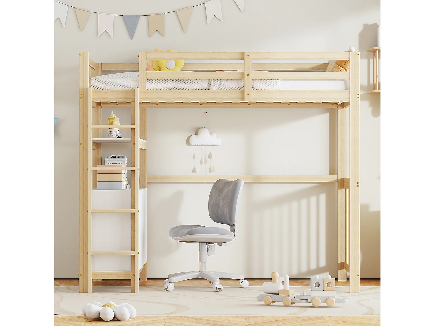 Lit mezzanine 90 x 200 cm avec avec bureau, étagère & 6 tiroirs - bois de pin et MDF - blanc et naturel (sans matelas)