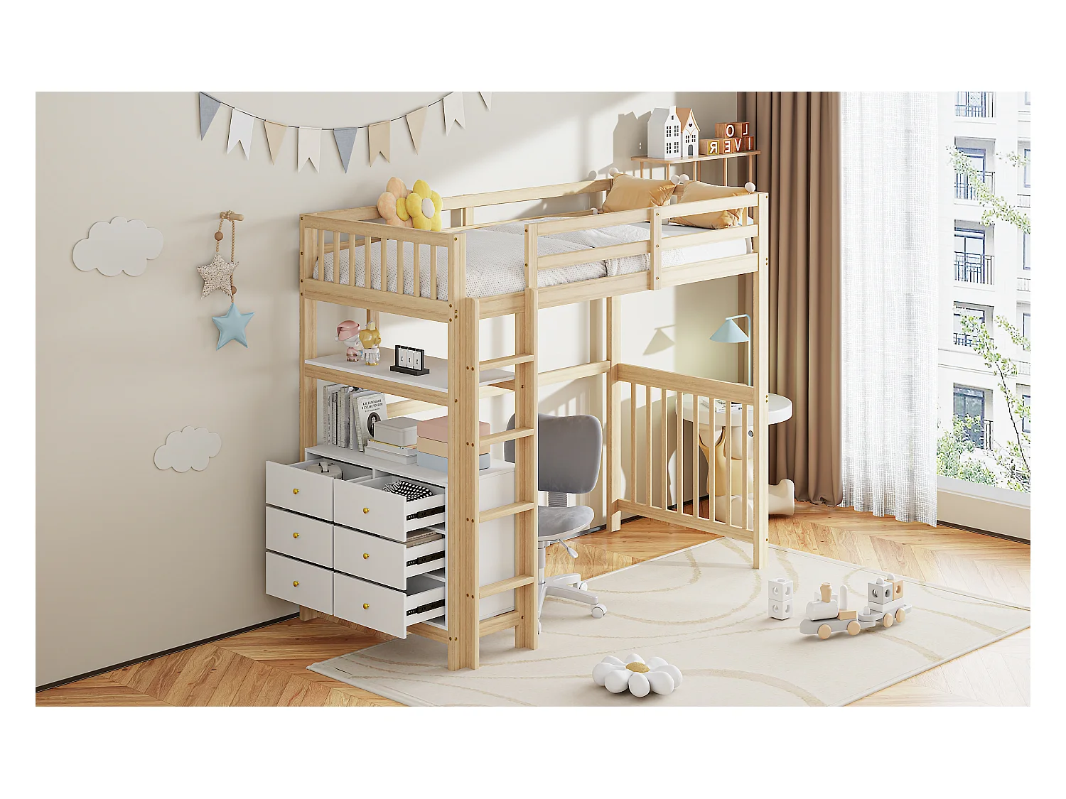 Lit mezzanine 90 x 200 cm avec avec bureau, étagère & 6 tiroirs - bois de pin et MDF - blanc et naturel (sans matelas)