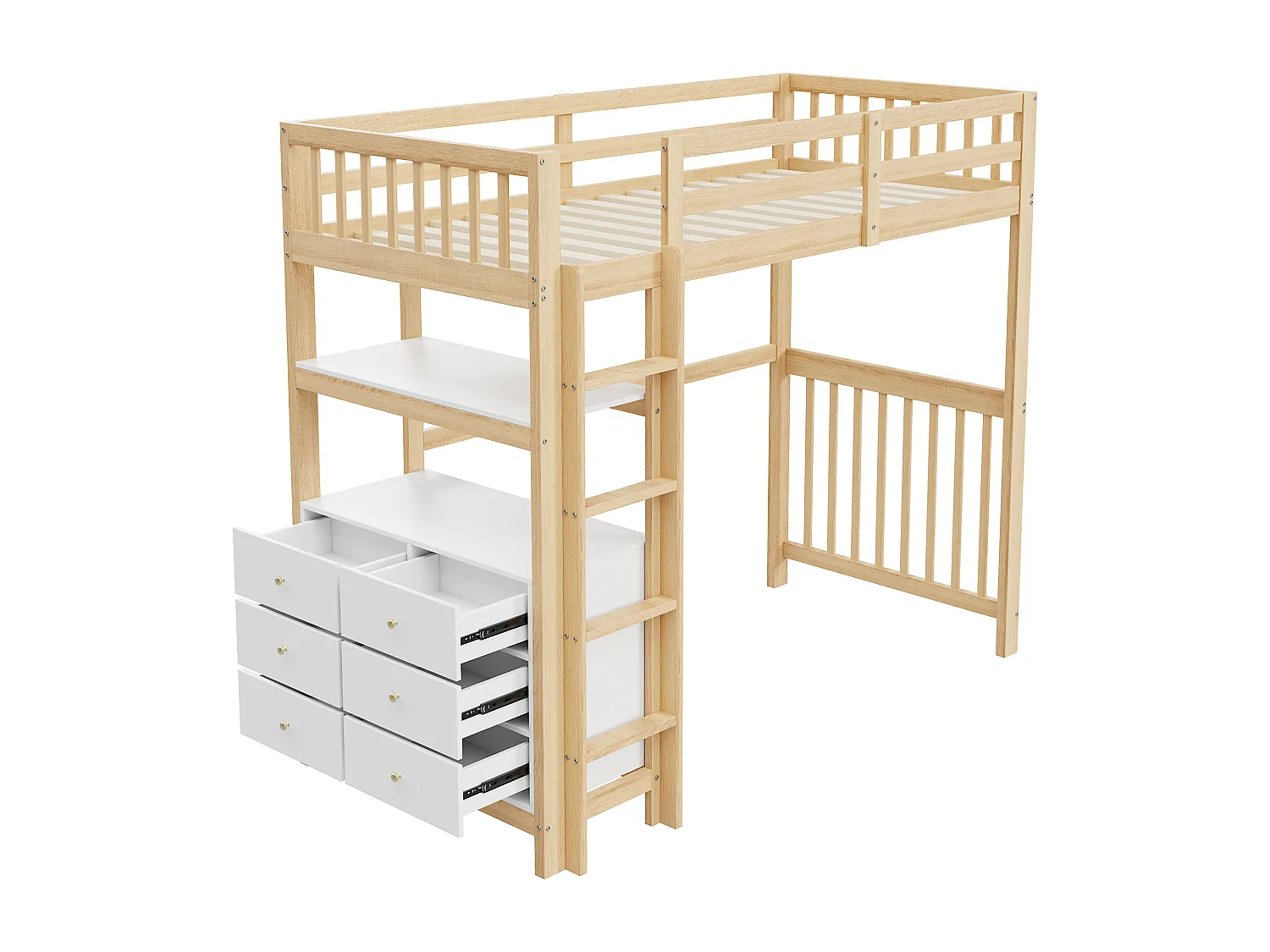 Lit mezzanine 90 x 200 cm avec avec bureau, étagère & 6 tiroirs - bois de pin et MDF - blanc et naturel (sans matelas)