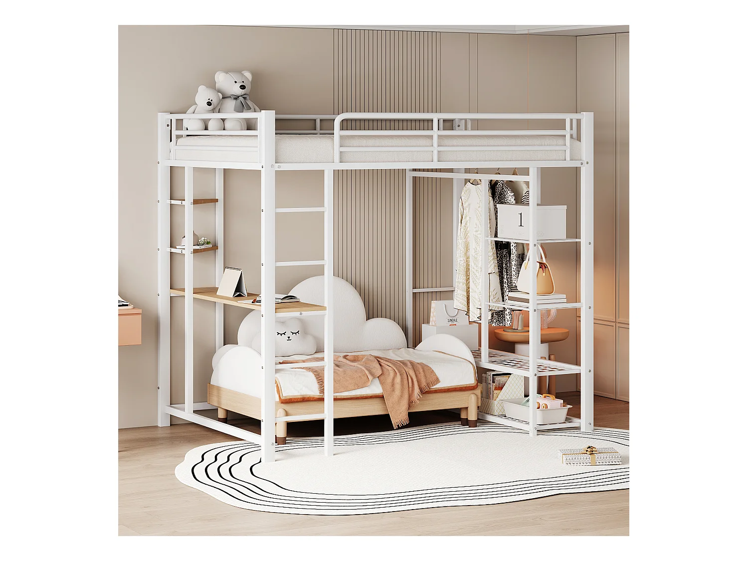Lit mezzanine 140 x 200 cm avec bureau et étagères de rangement - métal - sommier à lattes - blanc (sans matelas)