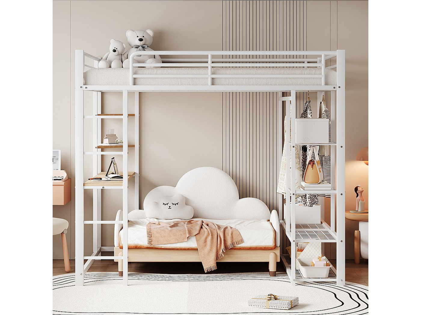 Letto A Soppalco In Metallo 140x200 Cm Con Scala, Scrivania E Armadio - Bianco, Salvaspazio