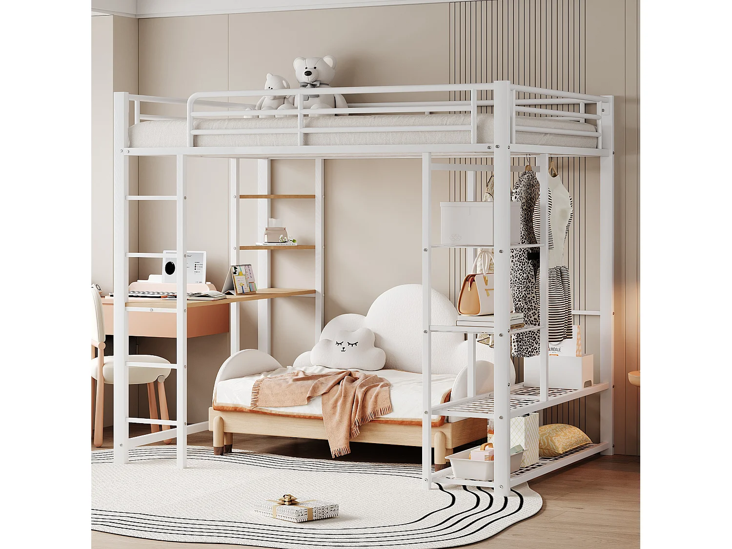 Lit mezzanine 140 x 200 cm avec bureau et étagères de rangement - métal - sommier à lattes - blanc (sans matelas)