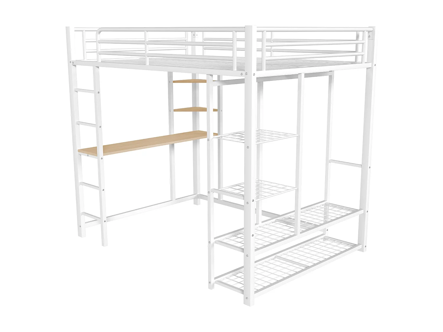 Lit mezzanine 140 x 200 cm avec bureau et étagères de rangement - métal - sommier à lattes - blanc (sans matelas)