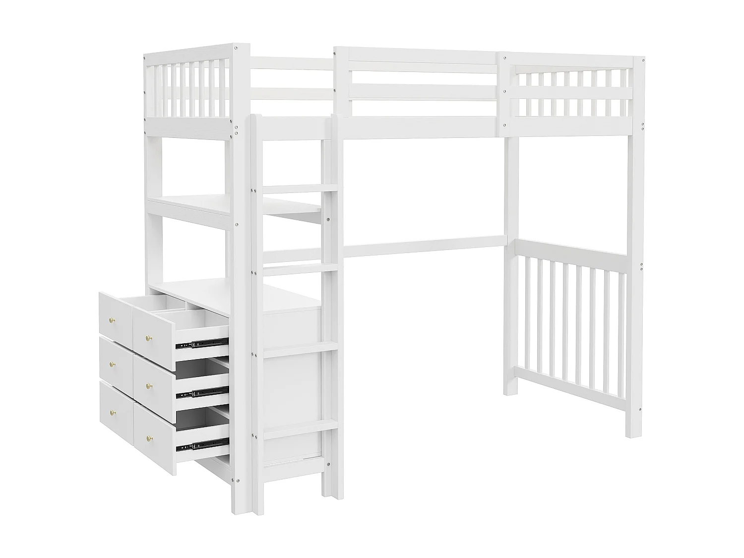 Lit mezzanine 90 x 200 cm avec avec bureau, étagère & 6 tiroirs - bois de pin et MDF - blanc (sans matelas)