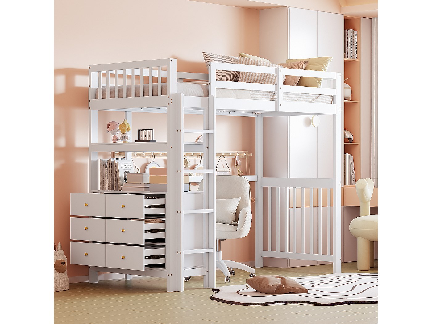 Letto a soppalco 90 x 200 cm con scrivania angolare, 6 cassetti e ripiano - Legno massello + MDF