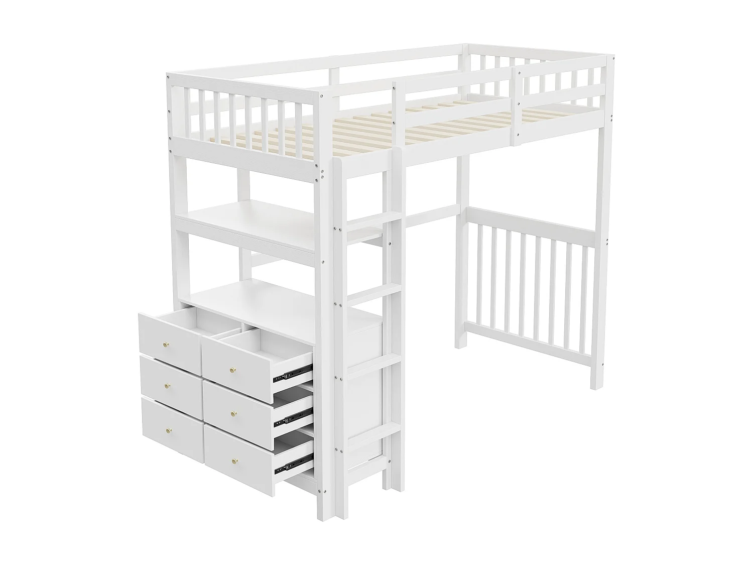 Lit mezzanine 90 x 200 cm avec avec bureau, étagère & 6 tiroirs - bois de pin et MDF - blanc (sans matelas)