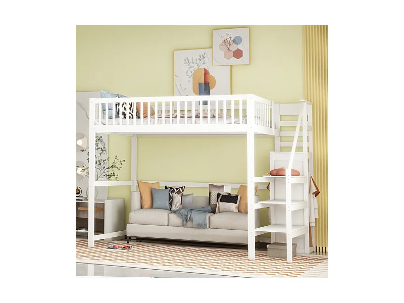 Cama mezanino 140x200 com escada, cama infantil de madeira branca com prateleira, guarda-roupa simples