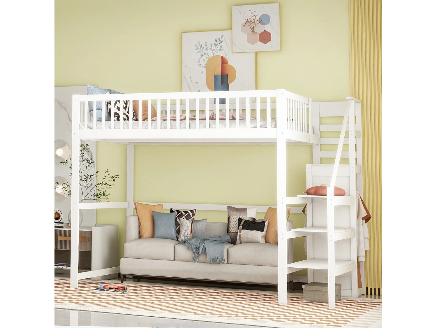 Cama entrepiso de 140x200 con escalera, cama infantil de madera blanca con estante de almacenamiento, armario sencillo