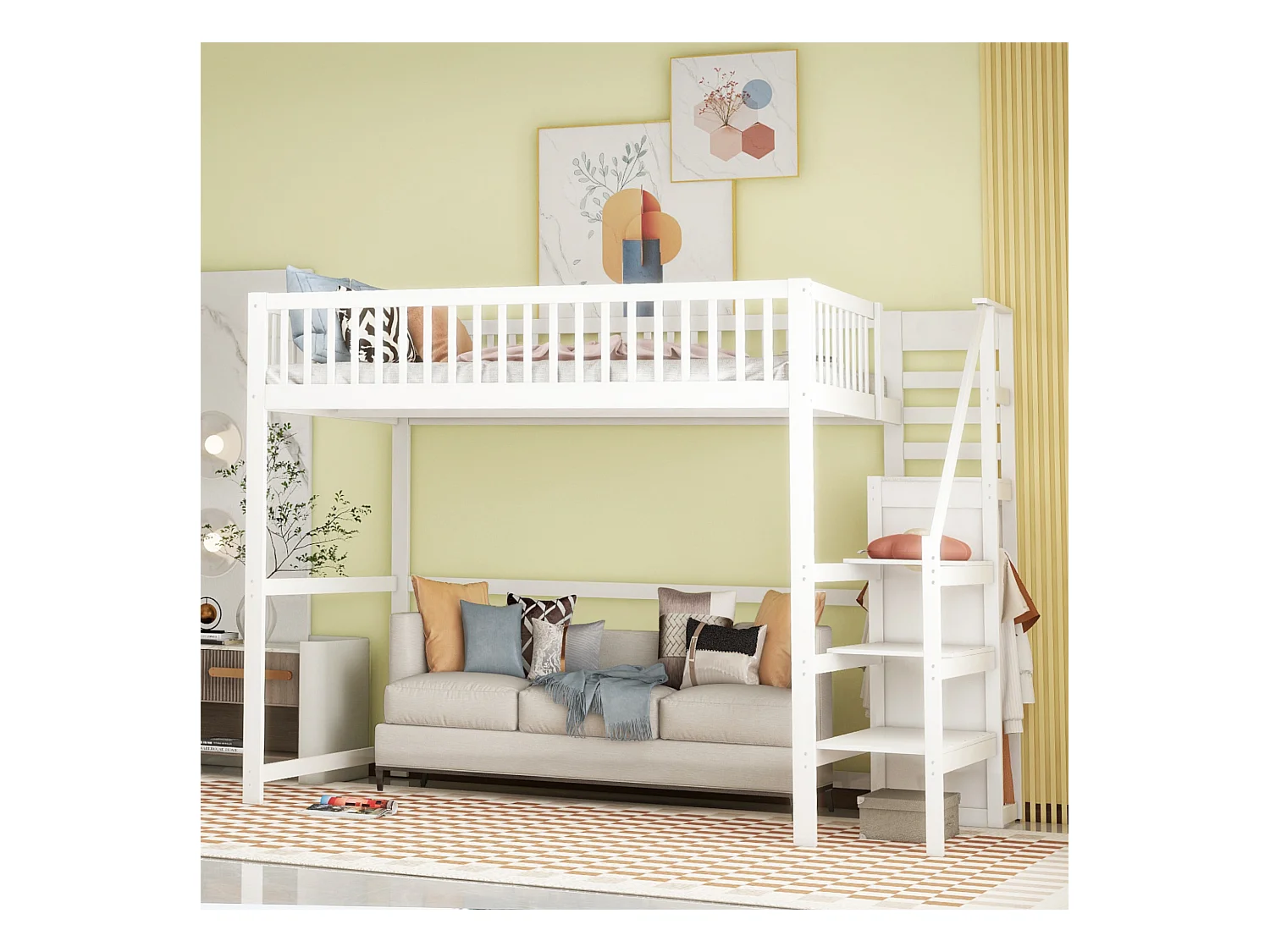 Lit mezzanine 140 x 200 cm avec armoire et escalier - bois massif et MDF - blanc (sans matelas)