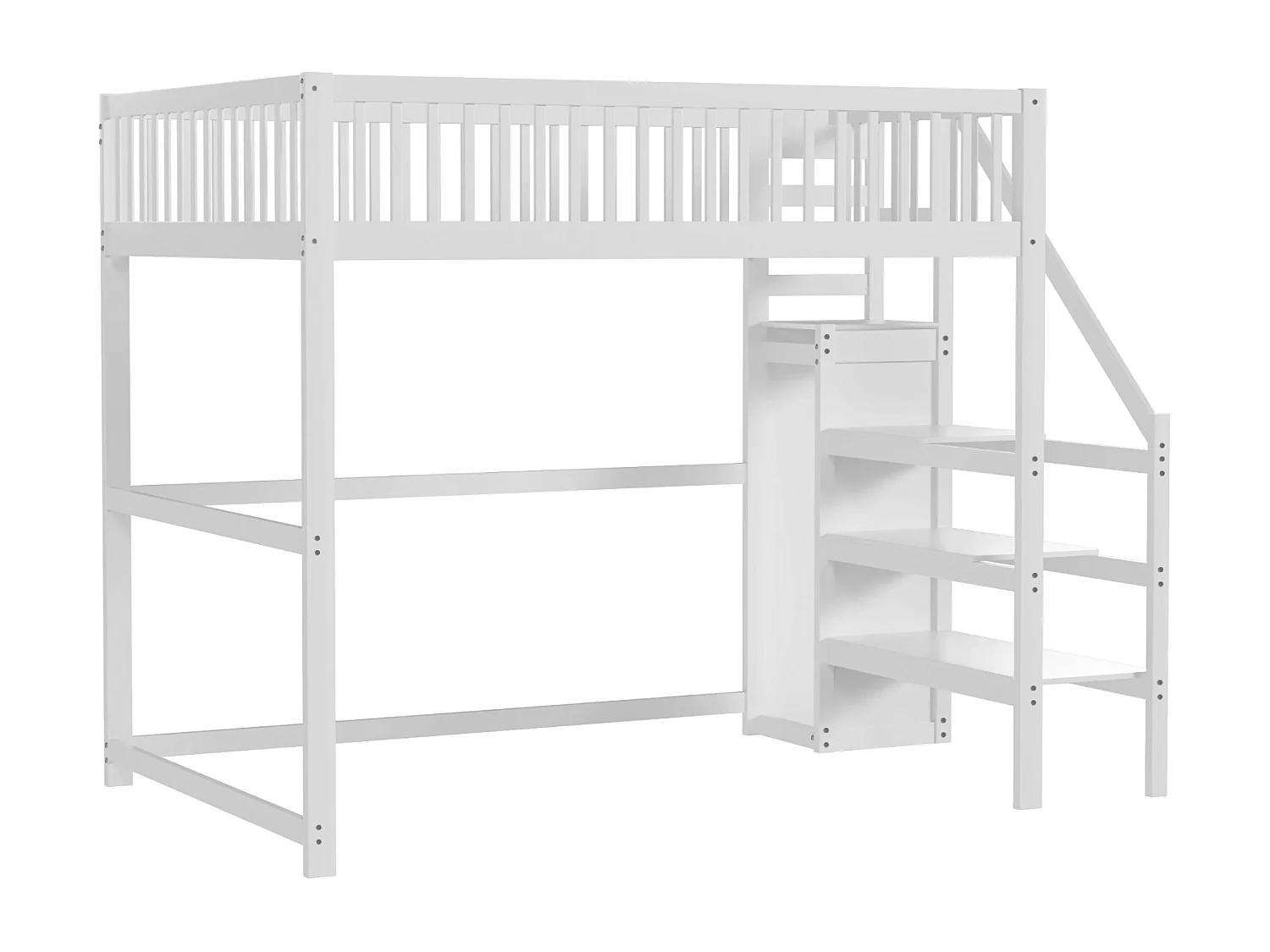 Tussenbed 140x200 met trap, wit houten kinderbed met opbergplank, eenvoudige kledingkast