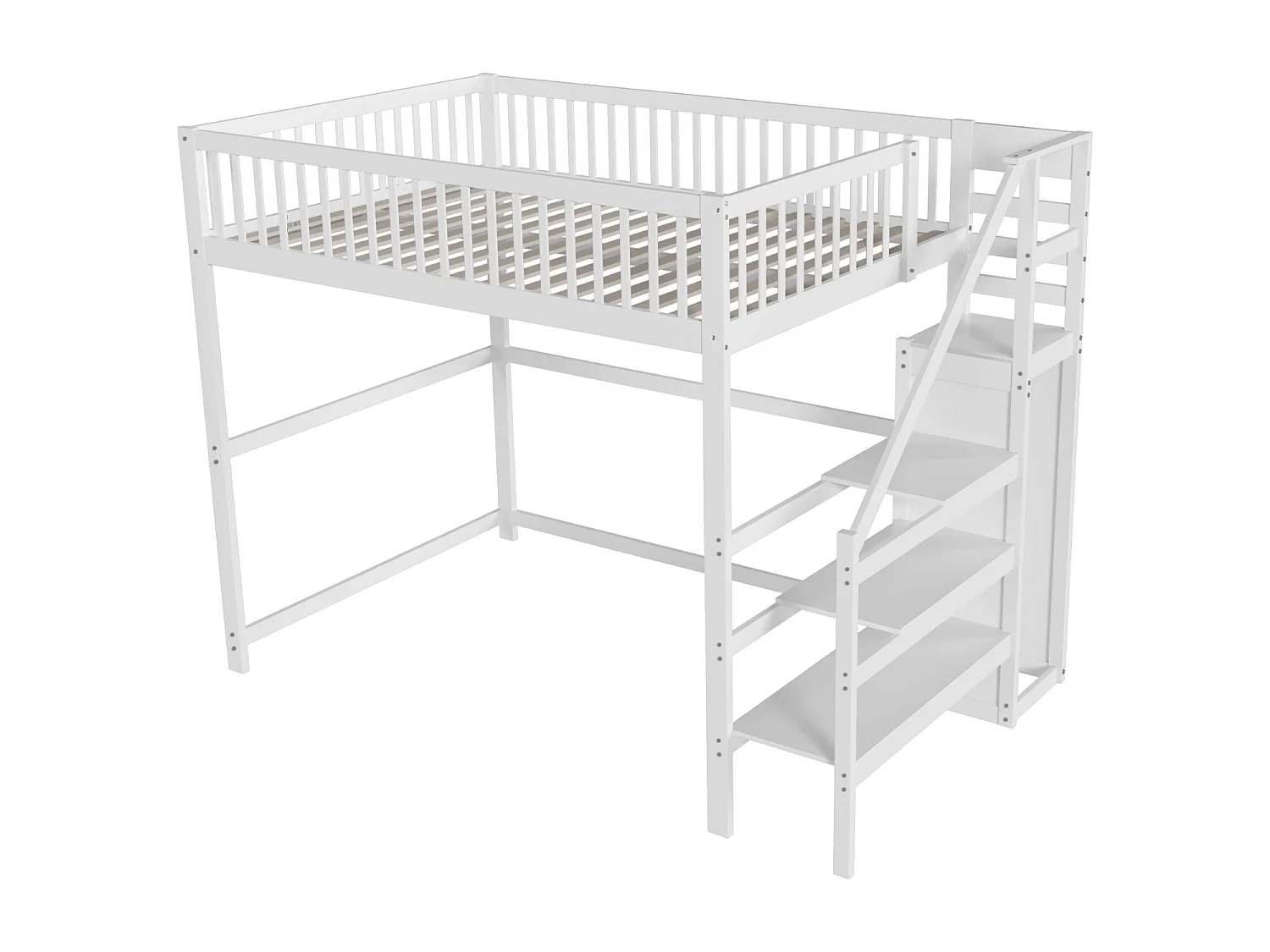 Tussenbed 140x200 met trap, wit houten kinderbed met opbergplank, eenvoudige kledingkast