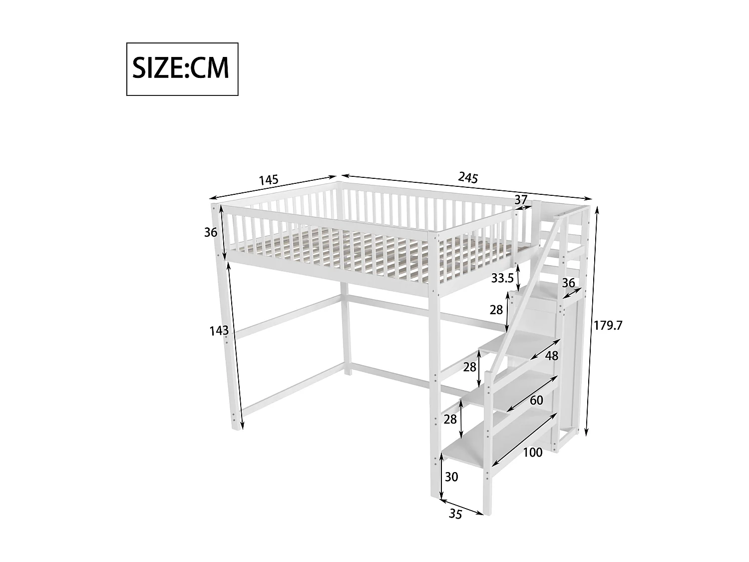 Tussenbed 140x200 met trap, wit houten kinderbed met opbergplank, eenvoudige kledingkast