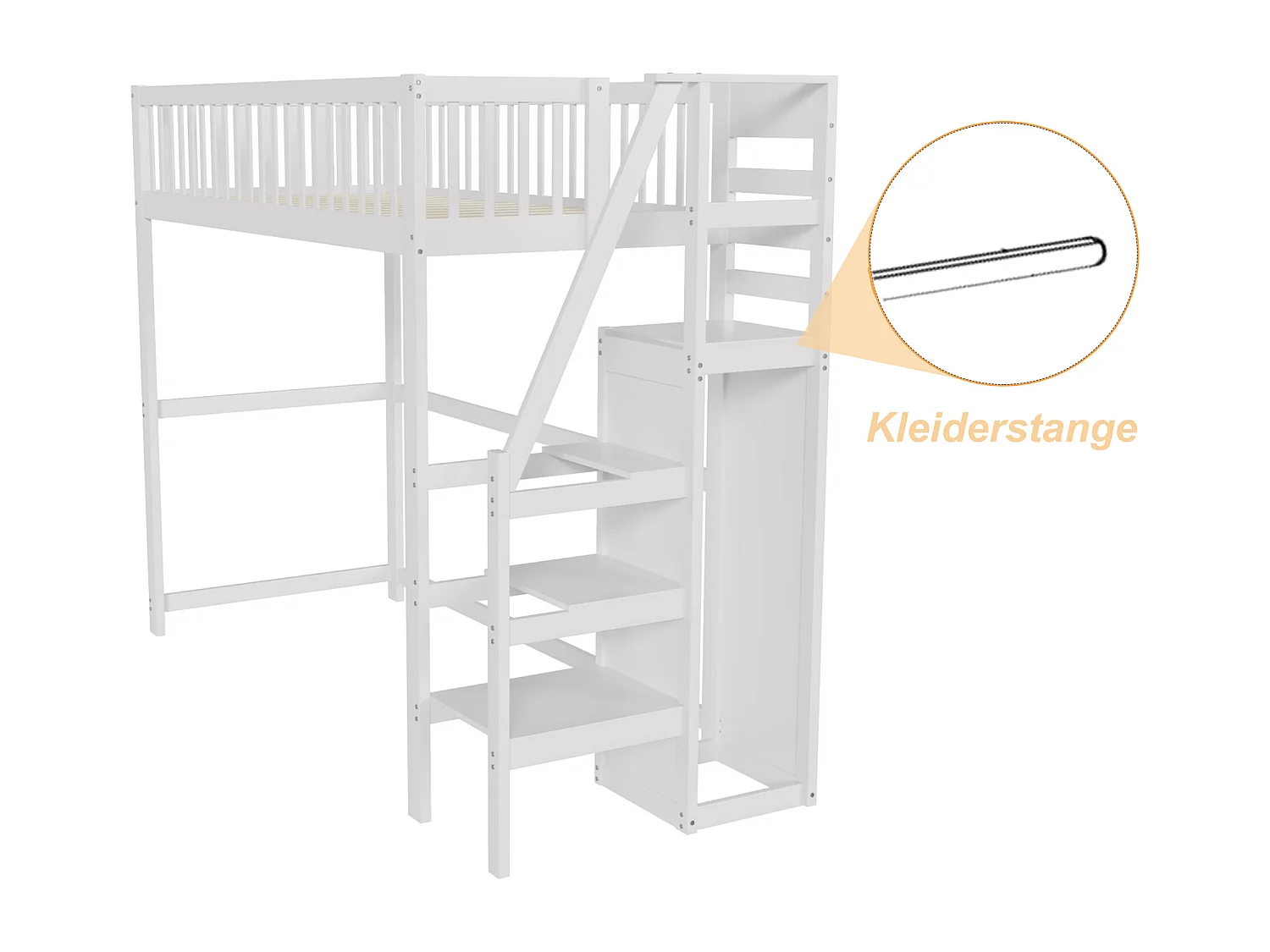 Lit mezzanine 90 x 200 cm avec armoire et escalier - bois massif et MDF - blanc (sans matelas)