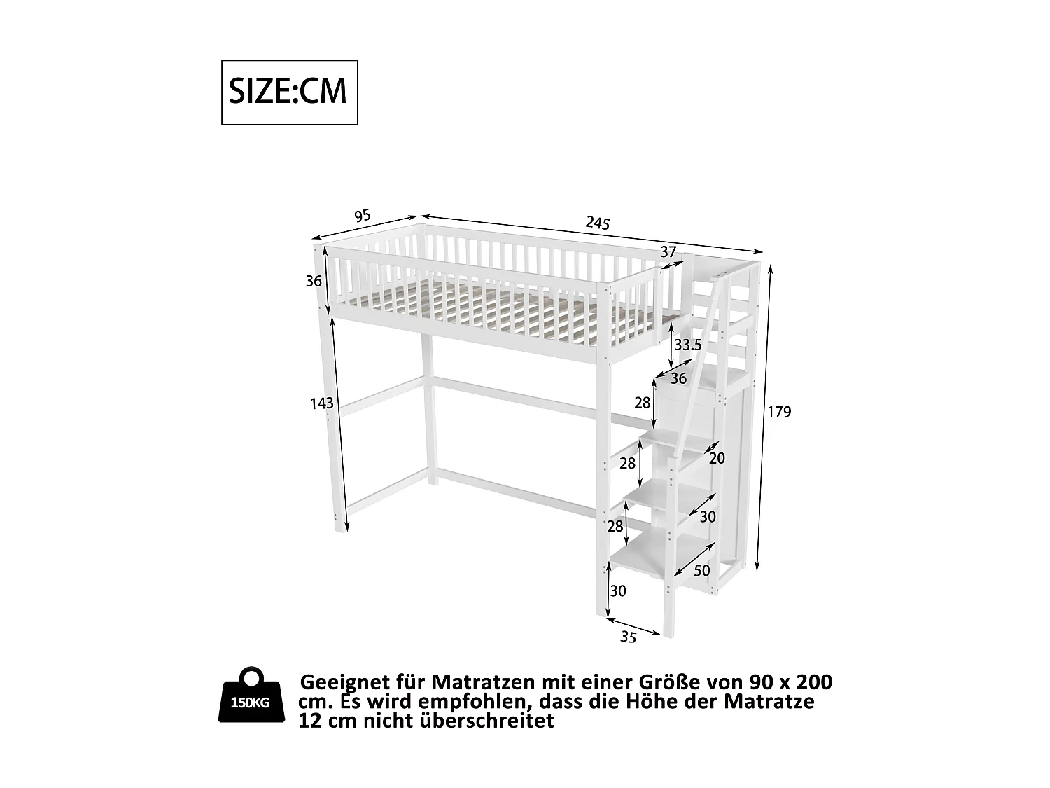 Tussenbed 90x200 met trap, wit houten kinderbed met opbergplank, eenvoudige kledingkast