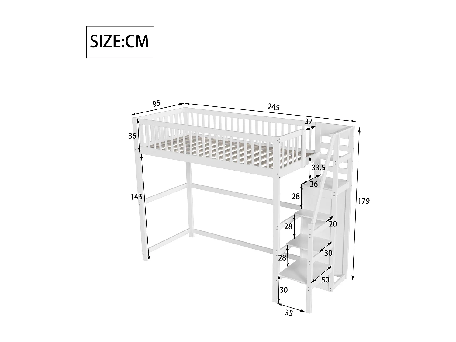 Tussenbed 90x200 met trap, wit houten kinderbed met opbergplank, eenvoudige kledingkast