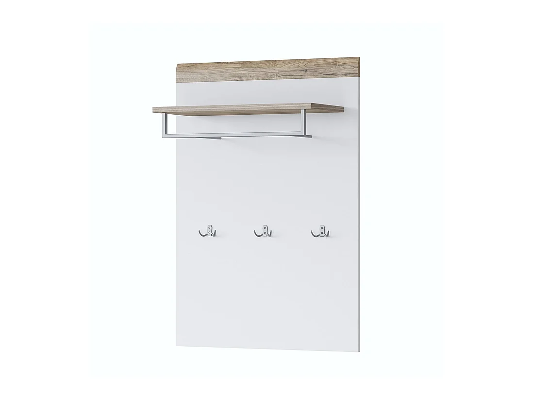 Panneau mural porte manteau avec étagère coloris blanc et chêne pour l'entrée de votre maison. Collection OHIO